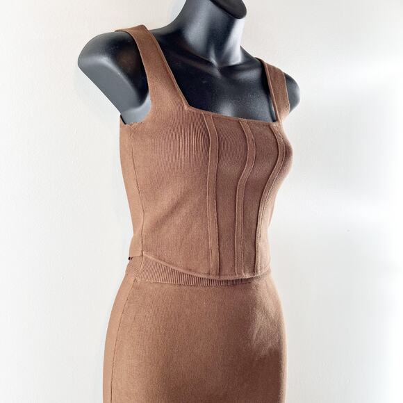 Miou Muse Knit Set Cropped Corset Top High Rise Midi Skirt Brown Small - Picture 8 of 8